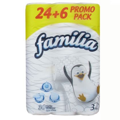 Тоалетна хартия Familia трипластова 24+6 бр., неароматизирана